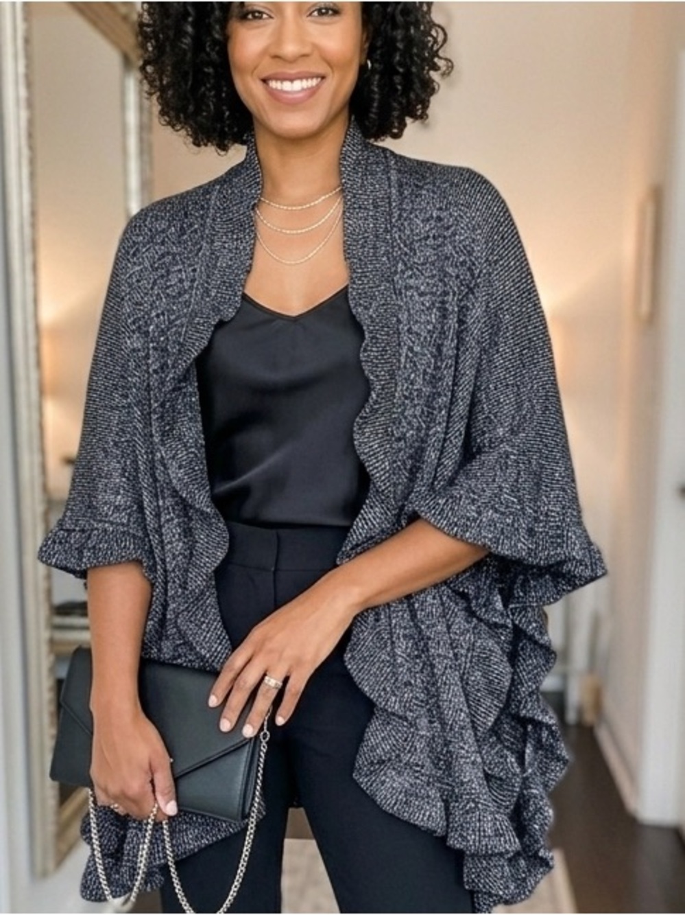 Just Jamie‎ Metallic Silver Ruffle Knit Poncho Cardigan One Size Cape Elegant